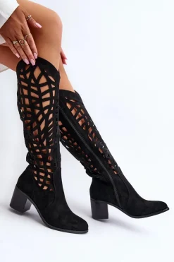 Damskie Boto Ażurowe Kozaki Na Obcasie Czarne Pinkema