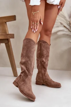 Damskie buty S.Barski Kozaki Wiosenne|Kozaki Ażurowe*Ażurowe Kozaki Na Płaskim Obcasie Brązowe S.Barski HY42-150