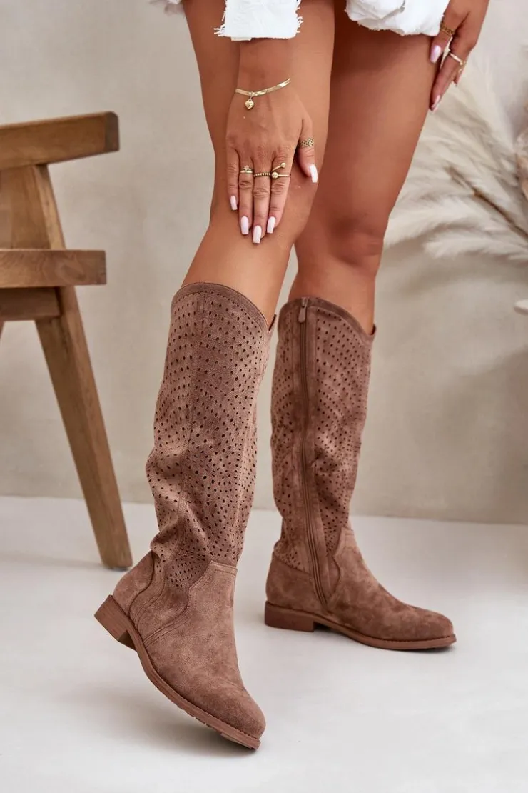 Damskie buty S.Barski Kozaki Wiosenne|Kozaki Ażurowe*Ażurowe Kozaki Na Płaskim Obcasie Brązowe S.Barski HY42-150