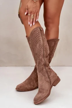 Damskie buty S.Barski Kozaki Wiosenne|Kozaki Ażurowe*Ażurowe Kozaki Na Płaskim Obcasie Brązowe S.Barski HY42-150