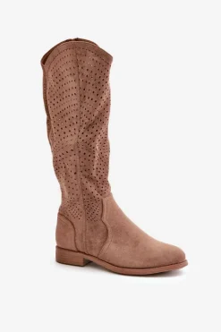 Damskie buty S.Barski Kozaki Wiosenne|Kozaki Ażurowe*Ażurowe Kozaki Na Płaskim Obcasie Brązowe S.Barski HY42-150