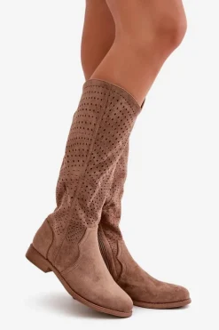 Damskie buty S.Barski Kozaki Wiosenne|Kozaki Ażurowe*Ażurowe Kozaki Na Płaskim Obcasie Brązowe S.Barski HY42-150