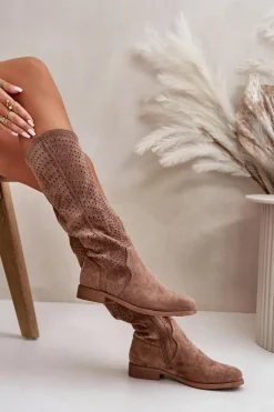 Damskie buty S.Barski Kozaki Wiosenne|Kozaki Ażurowe*Ażurowe Kozaki Na Płaskim Obcasie Brązowe S.Barski HY42-150