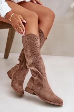 Damskie buty S.Barski Kozaki Wiosenne|Kozaki Ażurowe*Ażurowe Kozaki Na Płaskim Obcasie Brązowe S.Barski HY42-150