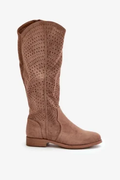 Damskie buty S.Barski Kozaki Wiosenne|Kozaki Ażurowe*Ażurowe Kozaki Na Płaskim Obcasie Brązowe S.Barski HY42-150