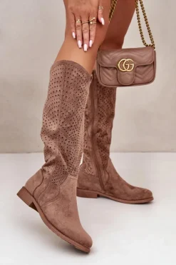 Damskie buty S.Barski Kozaki Wiosenne|Kozaki Ażurowe*Ażurowe Kozaki Na Płaskim Obcasie Brązowe S.Barski HY42-150