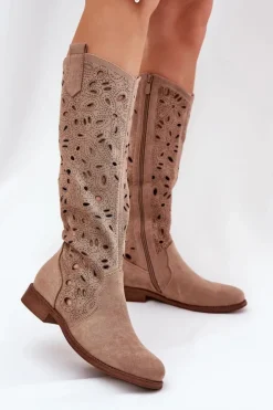 Damskie buty S.Barski Kozaki Wiosenne|Kozaki Ażurowe*Ażurowe Kozaki Na Płaskim Obcasie HY51-176 Beżowe