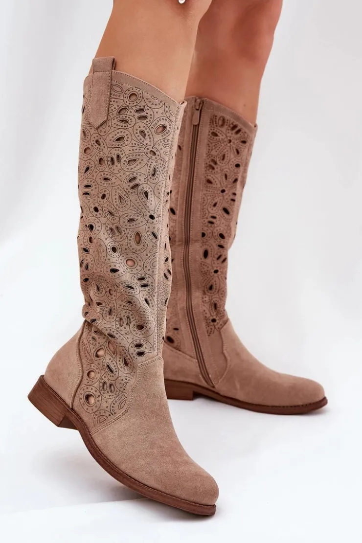 Damskie buty S.Barski Kozaki Wiosenne|Kozaki Ażurowe*Ażurowe Kozaki Na Płaskim Obcasie HY51-176 Beżowe