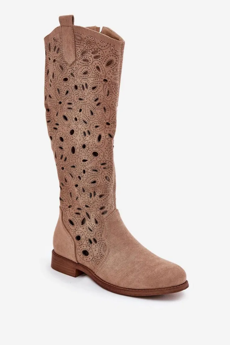 Damskie buty S.Barski Kozaki Wiosenne|Kozaki Ażurowe*Ażurowe Kozaki Na Płaskim Obcasie HY51-176 Beżowe