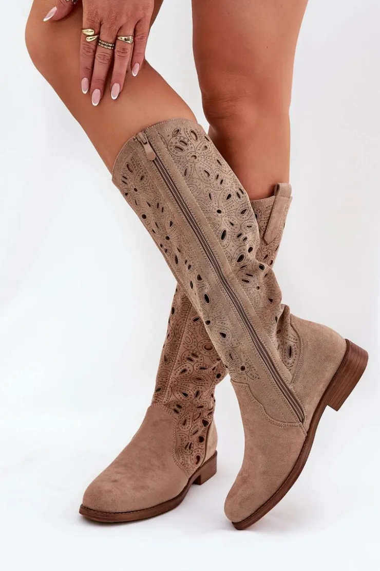 Damskie buty S.Barski Kozaki Wiosenne|Kozaki Ażurowe*Ażurowe Kozaki Na Płaskim Obcasie HY51-176 Beżowe