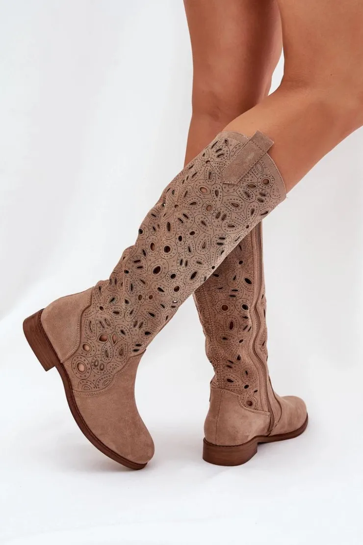 Damskie buty S.Barski Kozaki Wiosenne|Kozaki Ażurowe*Ażurowe Kozaki Na Płaskim Obcasie HY51-176 Beżowe