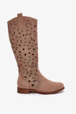 Damskie buty S.Barski Kozaki Wiosenne|Kozaki Ażurowe*Ażurowe Kozaki Na Płaskim Obcasie HY51-176 Beżowe