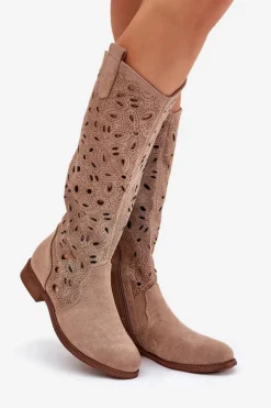 Damskie buty S.Barski Kozaki Wiosenne|Kozaki Ażurowe*Ażurowe Kozaki Na Płaskim Obcasie HY51-176 Beżowe