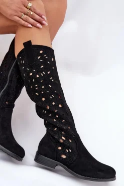 Damskie Damskie buty S.Barski Ażurowe Kozaki Na Płaskim Obcasie HY51-176 Czarne