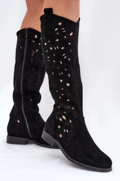 Damskie Damskie buty S.Barski Ażurowe Kozaki Na Płaskim Obcasie HY51-176 Czarne