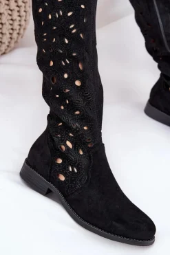 Damskie Damskie buty S.Barski Ażurowe Kozaki Na Płaskim Obcasie HY51-176 Czarne