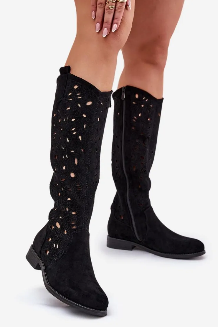 Damskie Damskie buty S.Barski Ażurowe Kozaki Na Płaskim Obcasie HY51-176 Czarne