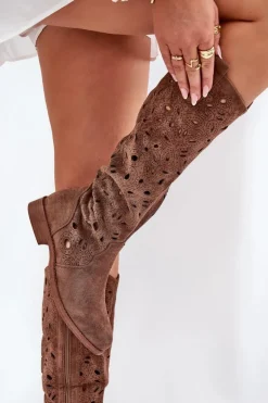 Damskie buty S.Barski Ażurowe Kozaki Na Płaskim Obcasie HY51-176 Brązowe