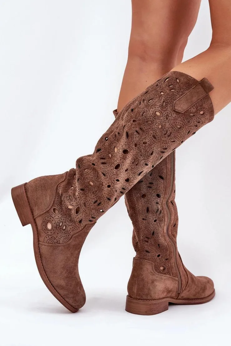 Damskie buty S.Barski Ażurowe Kozaki Na Płaskim Obcasie HY51-176 Brązowe