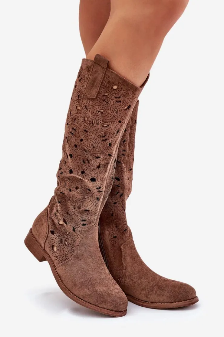 Damskie buty S.Barski Ażurowe Kozaki Na Płaskim Obcasie HY51-176 Brązowe