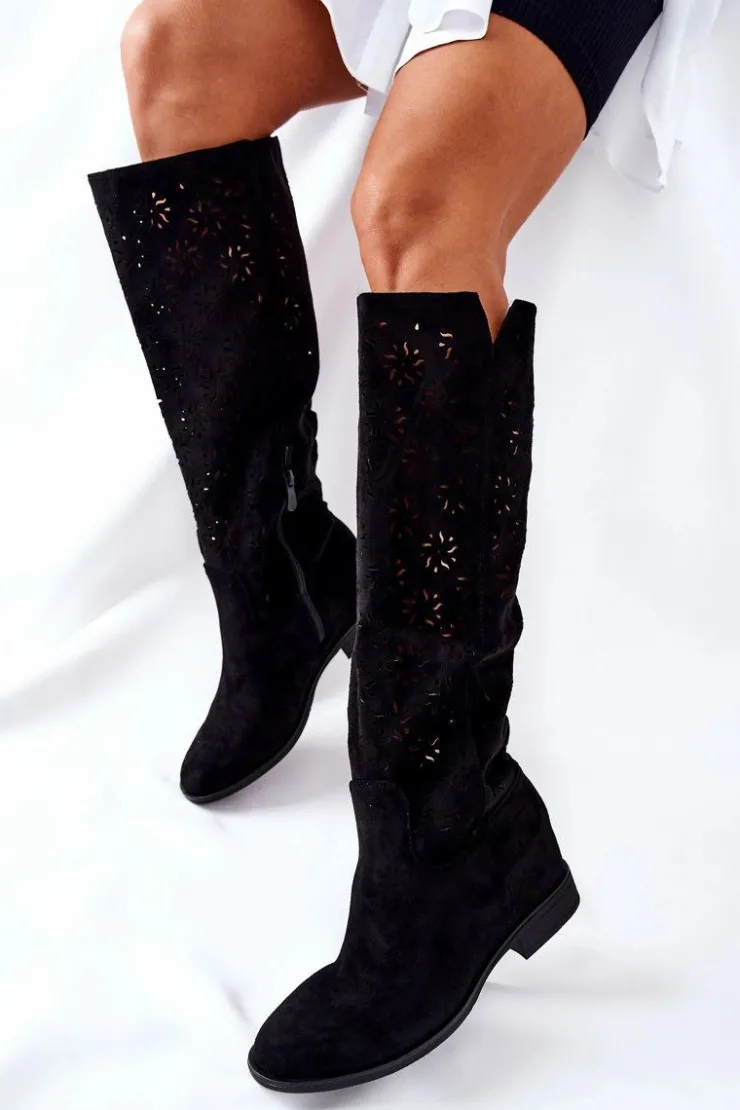 Damskie Boto Ażurowe Kozaki Na Ukrytym Koturnie Czarne Lara
