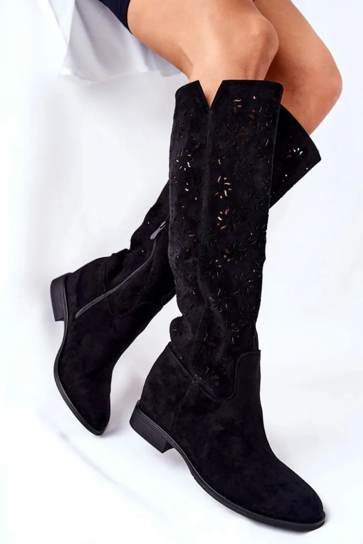 Damskie Boto Ażurowe Kozaki Na Ukrytym Koturnie Czarne Lara