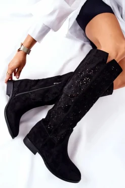 Damskie Boto Ażurowe Kozaki Na Ukrytym Koturnie Czarne Lara