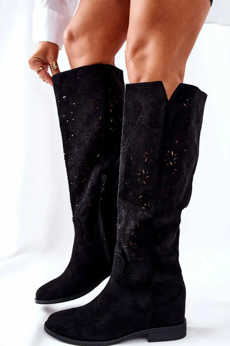 Damskie Boto Ażurowe Kozaki Na Ukrytym Koturnie Czarne Lara