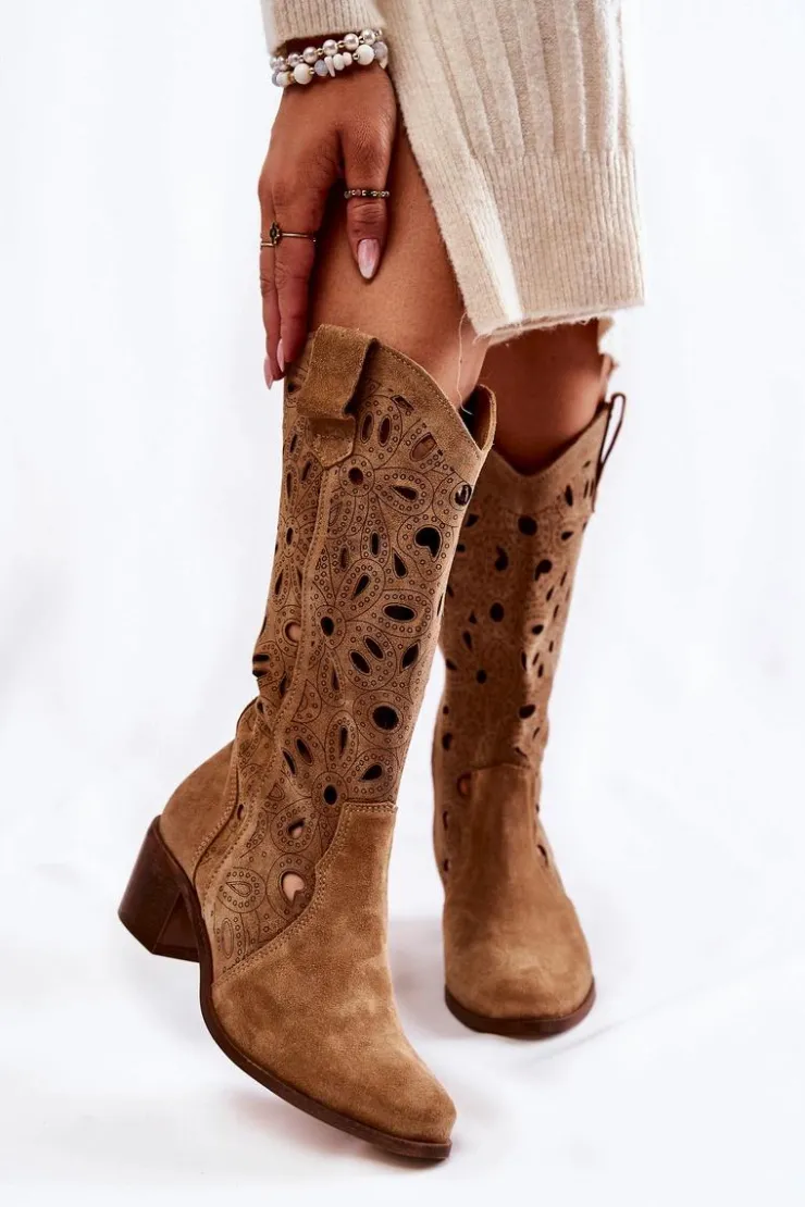 Boto Kozaki Ażurowe|Kozaki Przed Kolano*Ażurowe Kozaki Zamszowe Lewski Shoes 3170 Beżowe