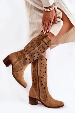 Boto Kozaki Ażurowe|Kozaki Przed Kolano*Ażurowe Kozaki Zamszowe Lewski Shoes 3170 Beżowe