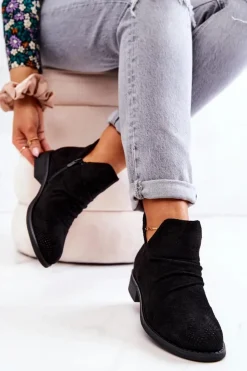 Boto Czarne Botki|Botki Płaskie*Ażurowe Marszczone Botki Czarne Cynthia