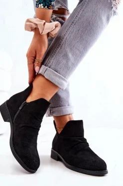 Boto Czarne Botki|Botki Płaskie*Ażurowe Marszczone Botki Czarne Cynthia