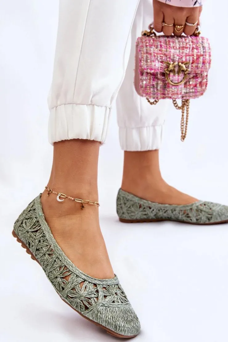 Boto Baleriny Klasyczne*Ażurowe Modne Baleriny Zielone Thiago