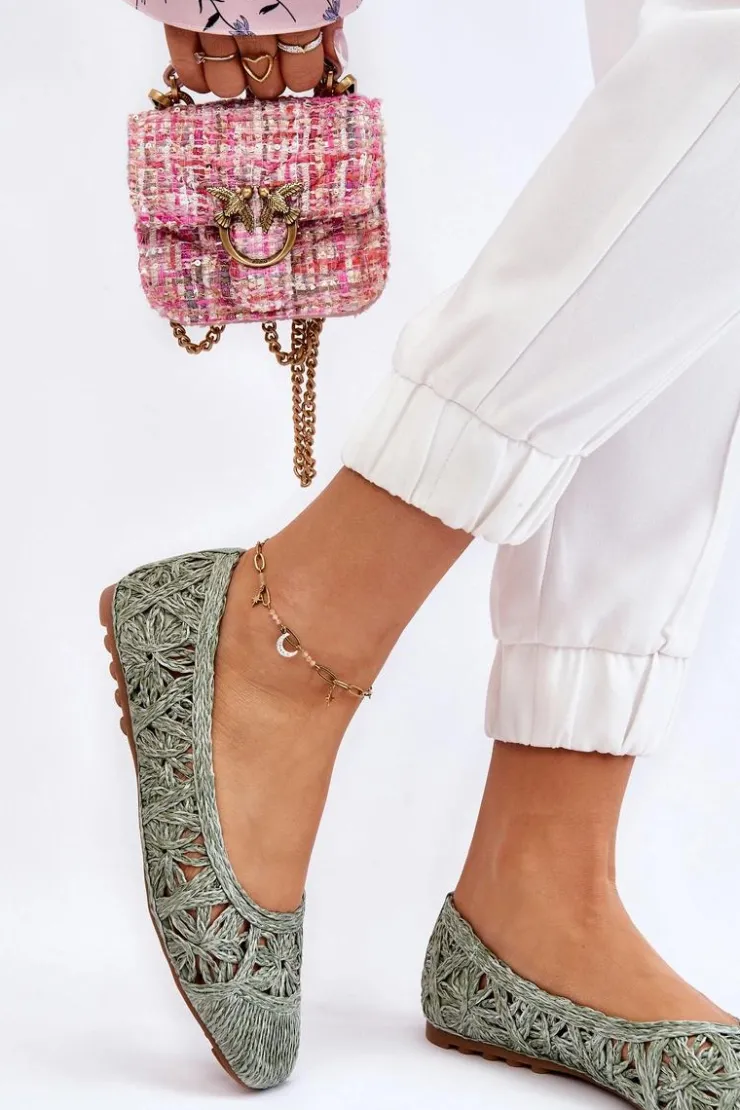 Boto Baleriny Klasyczne*Ażurowe Modne Baleriny Zielone Thiago