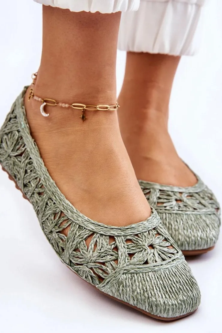Boto Baleriny Klasyczne*Ażurowe Modne Baleriny Zielone Thiago