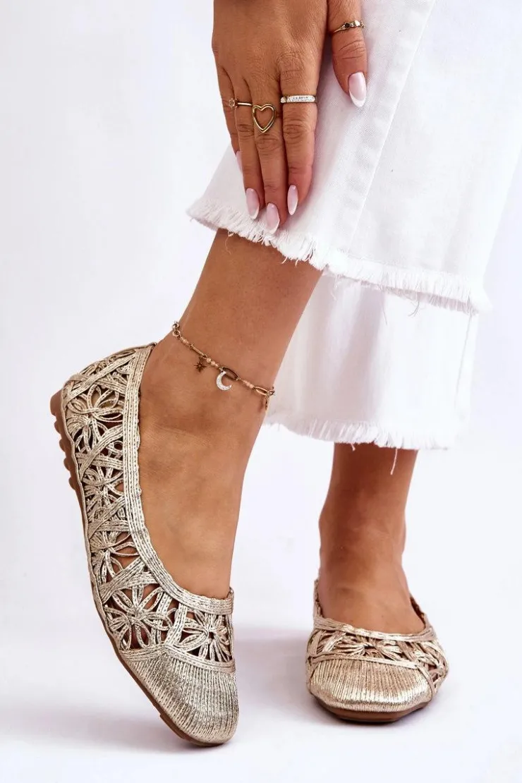 Boto Baleriny Klasyczne*Ażurowe Modne Baleriny Złote Thiago
