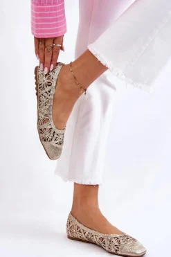 Boto Baleriny Klasyczne*Ażurowe Modne Baleriny Złote Thiago