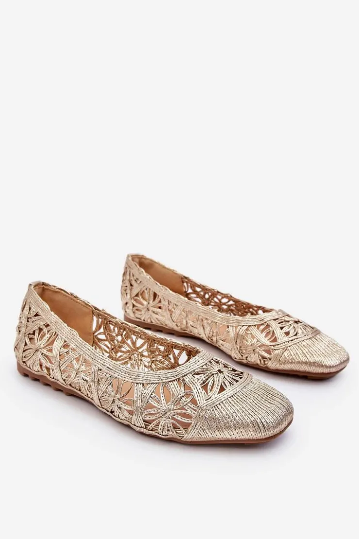 Boto Baleriny Klasyczne*Ażurowe Modne Baleriny Złote Thiago