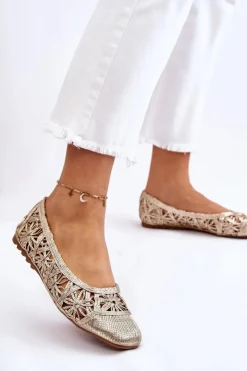 Boto Baleriny Klasyczne*Ażurowe Modne Baleriny Złote Thiago