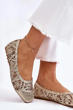 Boto Baleriny Klasyczne*Ażurowe Modne Baleriny Złote Thiago