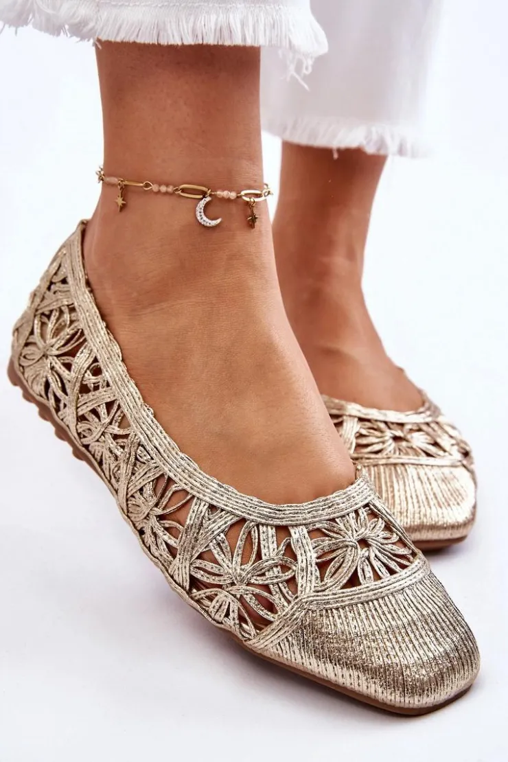 Boto Baleriny Klasyczne*Ażurowe Modne Baleriny Złote Thiago