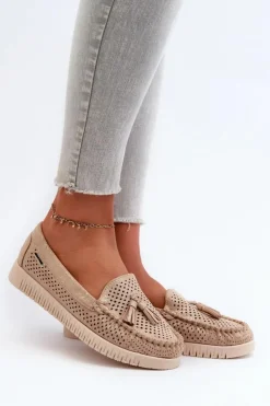 Boto Loafersy Damskie|Mokasyny Damskie Skórzane*Ażurowe Mokasyny Damskie Z Eko Zamszu Złote Tinami