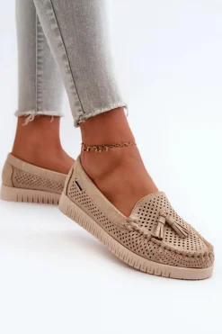 Boto Loafersy Damskie|Mokasyny Damskie Skórzane*Ażurowe Mokasyny Damskie Z Eko Zamszu Złote Tinami