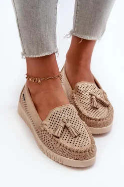 Boto Loafersy Damskie|Mokasyny Damskie Skórzane*Ażurowe Mokasyny Damskie Z Eko Zamszu Złote Tinami