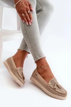 Boto Loafersy Damskie|Mokasyny Damskie Skórzane*Ażurowe Mokasyny Damskie Z Eko Zamszu Złote Tinami