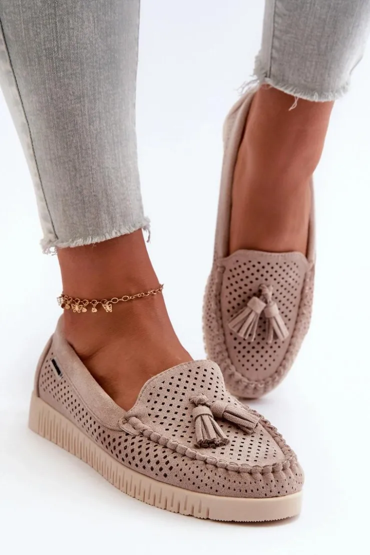 Damskie Boto Ażurowe Mokasyny Damskie Z Eko Zamszu Beżowe Tinami