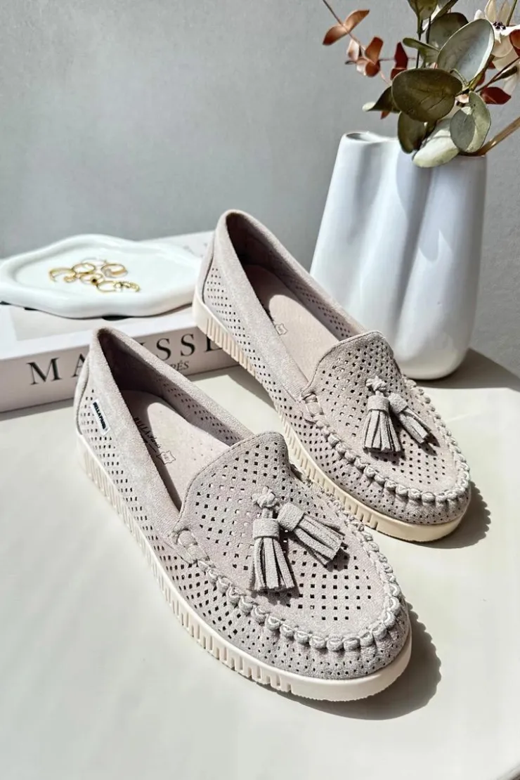 Damskie Boto Ażurowe Mokasyny Damskie Z Eko Zamszu Beżowe Tinami