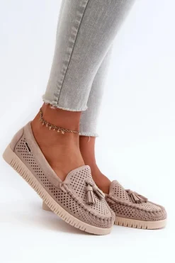 Damskie Boto Ażurowe Mokasyny Damskie Z Eko Zamszu Beżowe Tinami
