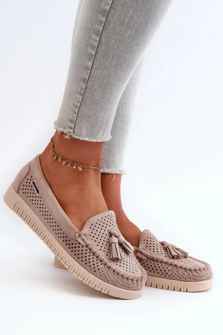 Damskie Boto Ażurowe Mokasyny Damskie Z Eko Zamszu Beżowe Tinami