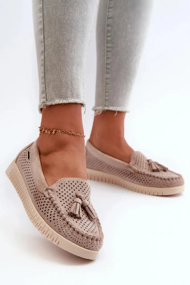 Damskie Boto Ażurowe Mokasyny Damskie Z Eko Zamszu Beżowe Tinami